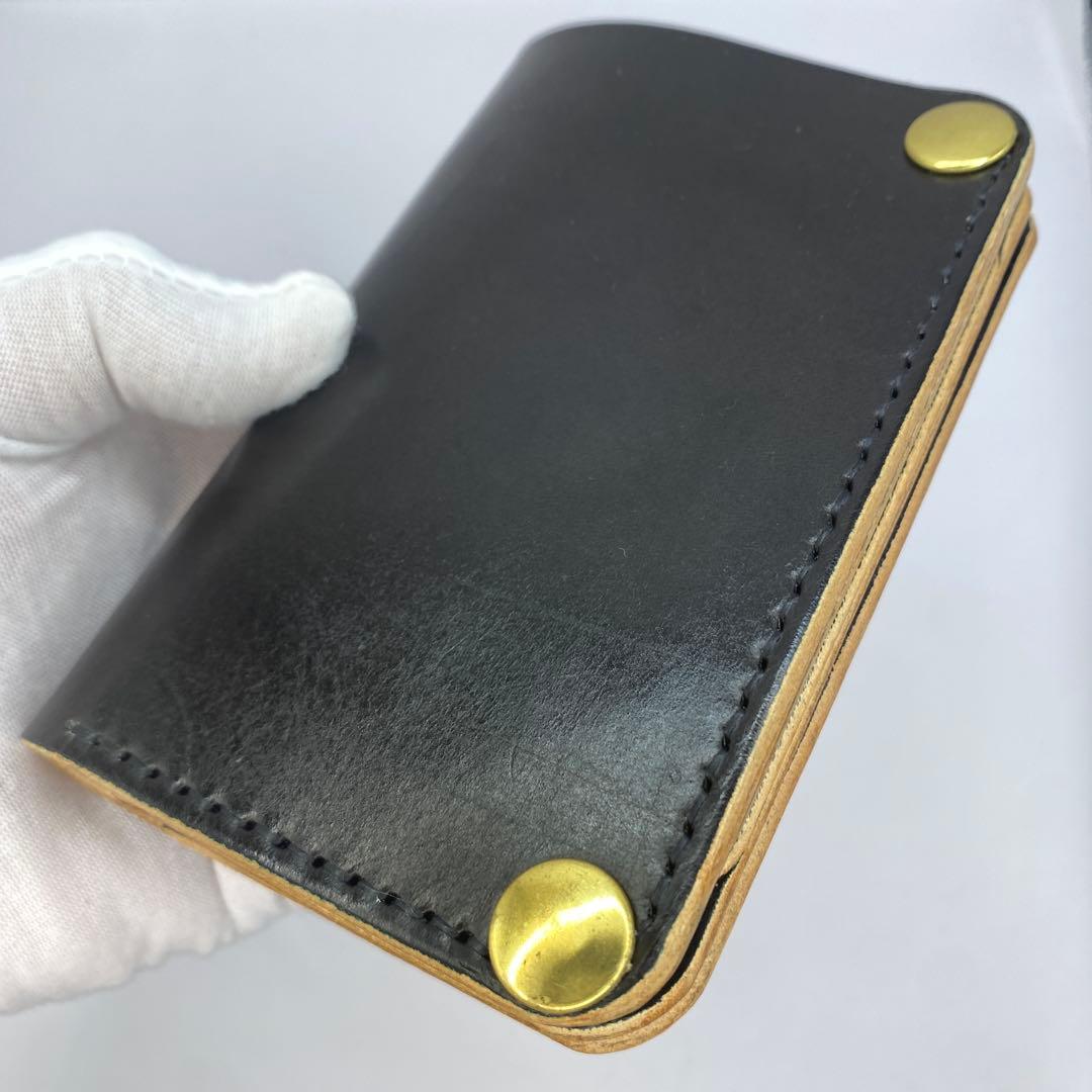 【無骨x上質 お札折らず収納】 丘染めブラック 手染めミドルトラッカーウォレット