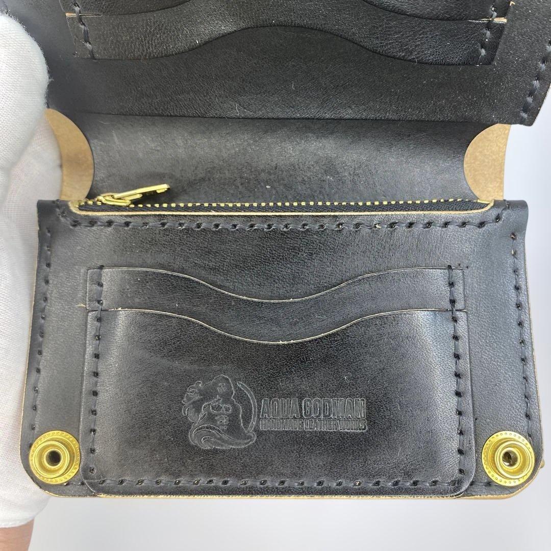 【無骨x上質 お札折らず収納】 丘染めブラック 手染めミドルトラッカーウォレット