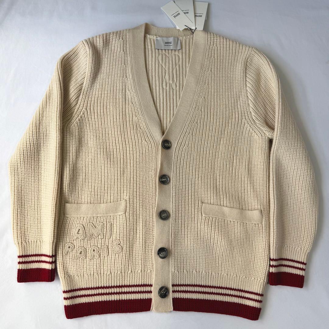 アミパリ Ami Paris カレッジリブウール カーディガン ホワイトクリーム