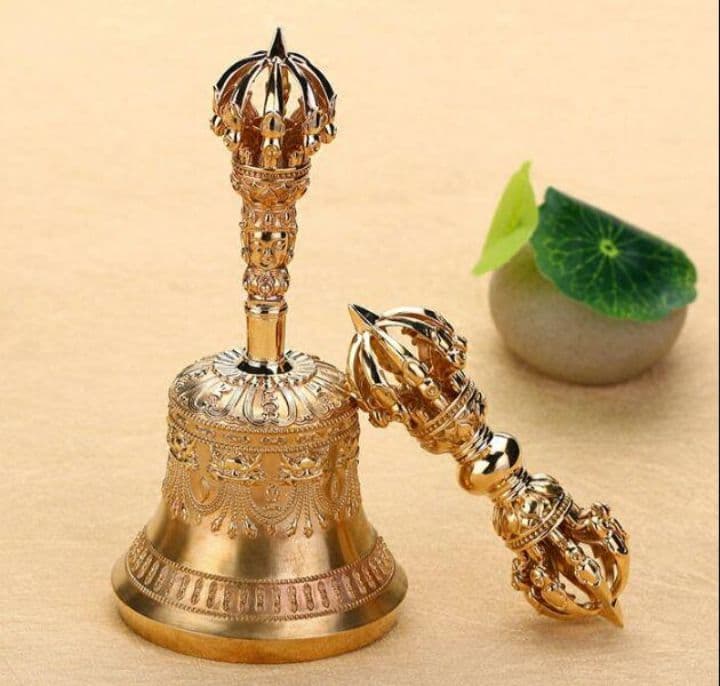 【修縁堂】密教法器 鐘 九鈷杵金剛鈴 呼鈴 持鈴 金剛杵セット 真鍮製 ネパール