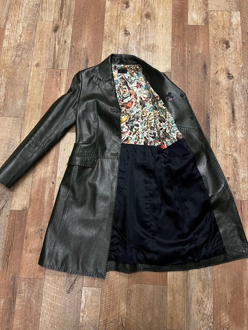 Paul Smith羊革ロングコート(ダークグリーン)裏地 鳥柄size40