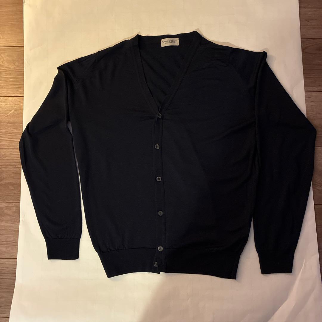 JOHN SMEDLEY V ネックカーディガン ネイビー L メリノウール