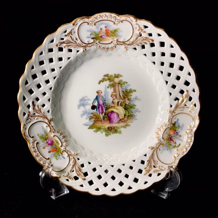 Meissen古マイセン/※美術館級 超レア1級品 ワトー上級4面絵付透かし皿D