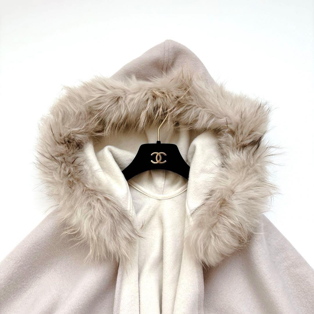 グレースコンチネンタル ウールフードストール フリンジ ファー くすみピンク F