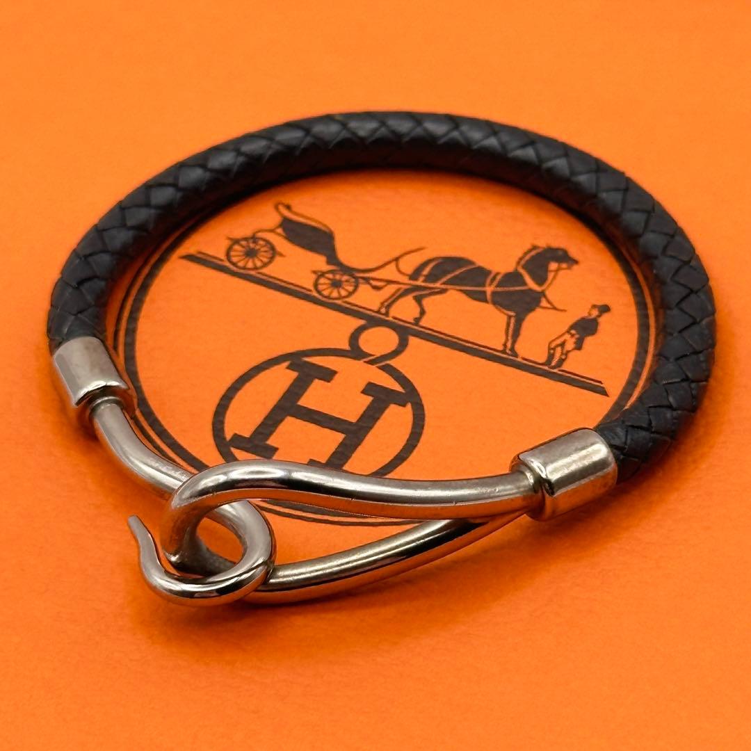 【美品】HERMES ジャンボ レザー ブレスレット 編み込み ブラック