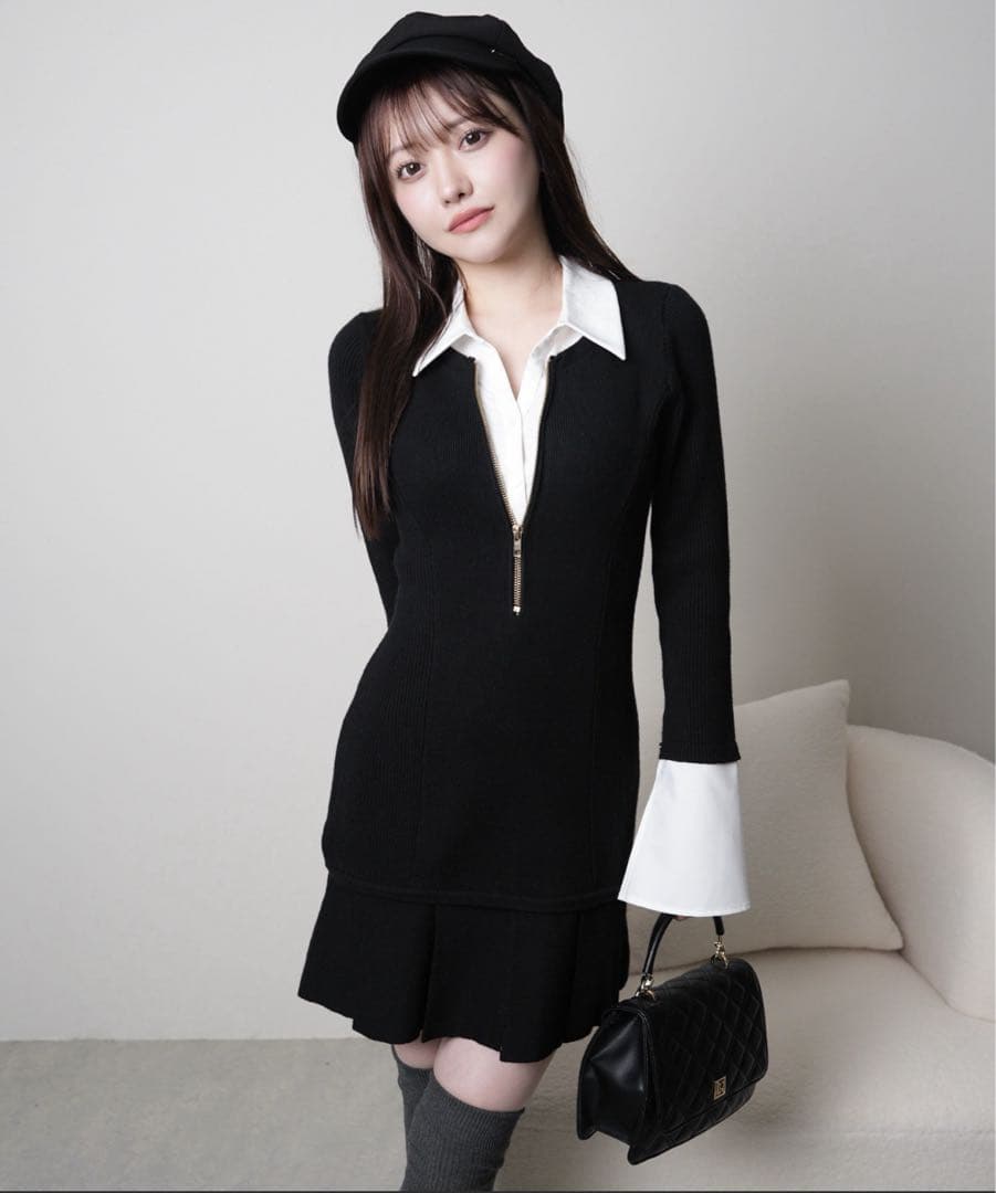 LIPSERVICE フロントZIPニットプリーツワンピース ブラック