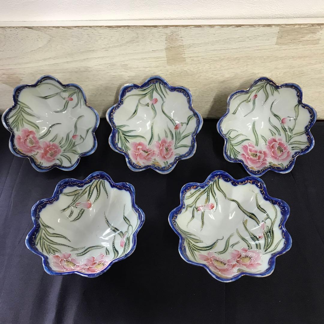 オールドノリタケ風　金盛り薔薇装飾　3脚ボウル5客