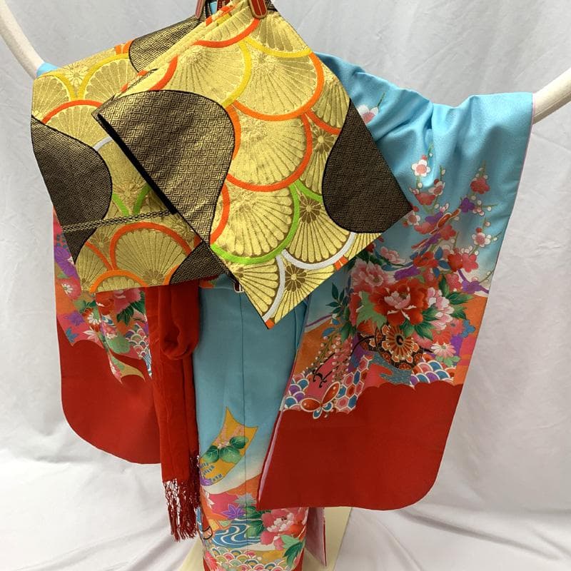 507ag27□七五三 七歳 女児 着物&袋帯 金彩 束ね熨斗 鼓□美品
