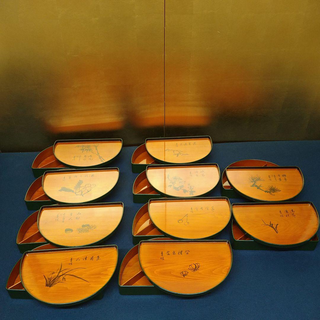 AG31 青漆塗 半月弁当 木目 刷毛木半月弁当 蓋裏絵違い 懐石 会席 茶道具