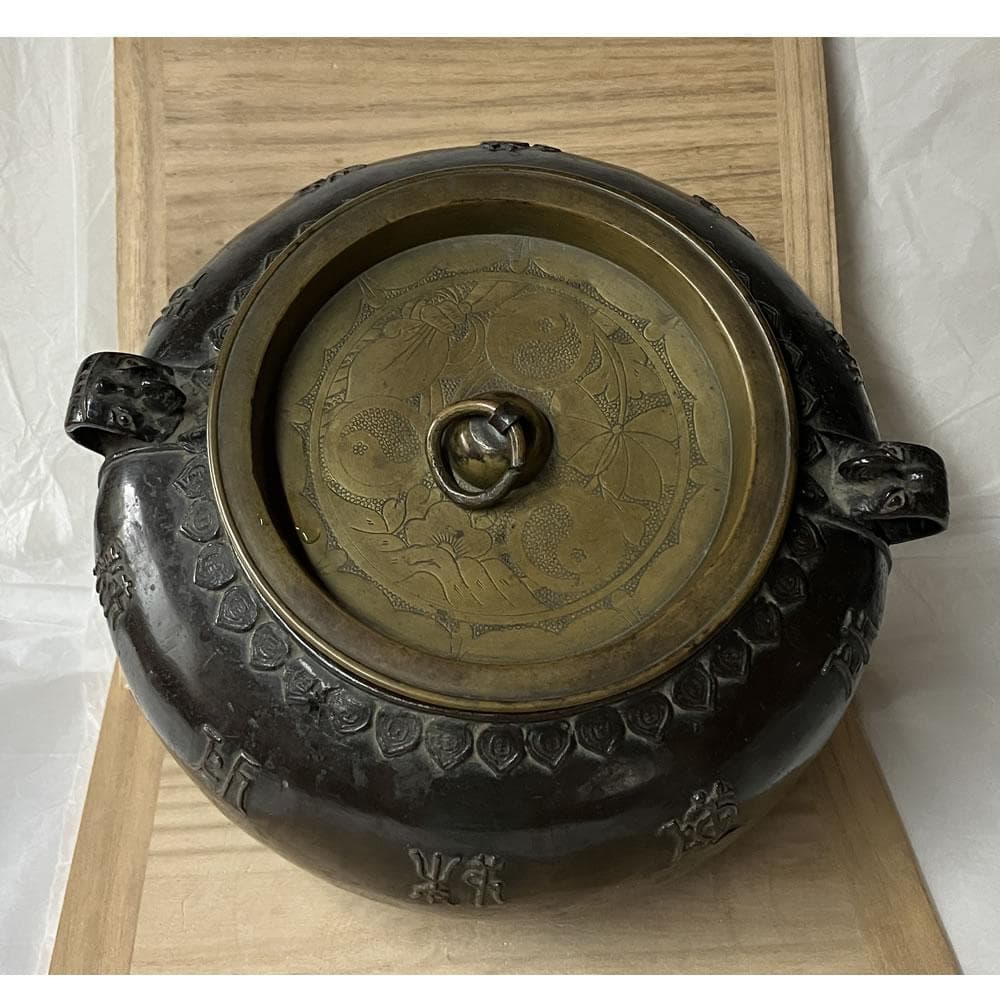 e3118 銅製 耳付水指 木箱入り 時代 水指 茶道具