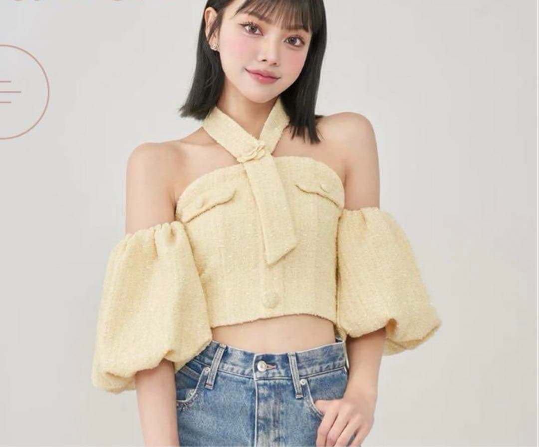 darich ホルターネックオフショルツイードトップス/イエロー