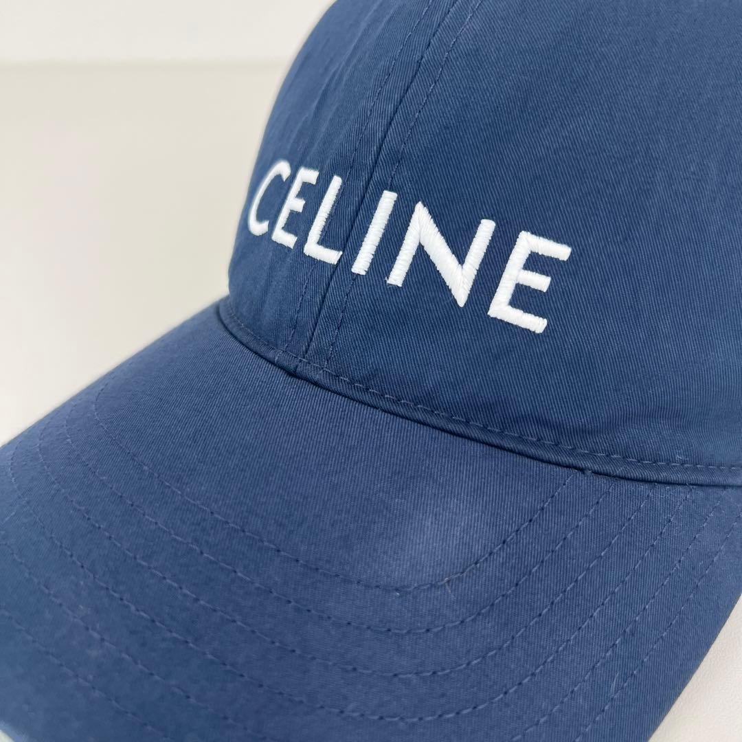 美品　CELINE セリーヌ キャップ 帽子　コットン　ネイビー　ロゴ　刺繍　S