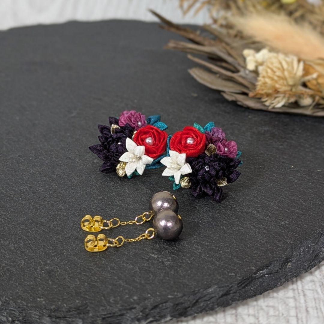 【オーダー】　つまみ細工　ピアス　②ピンク黄丸　半クス　金属アレルギ　 絹