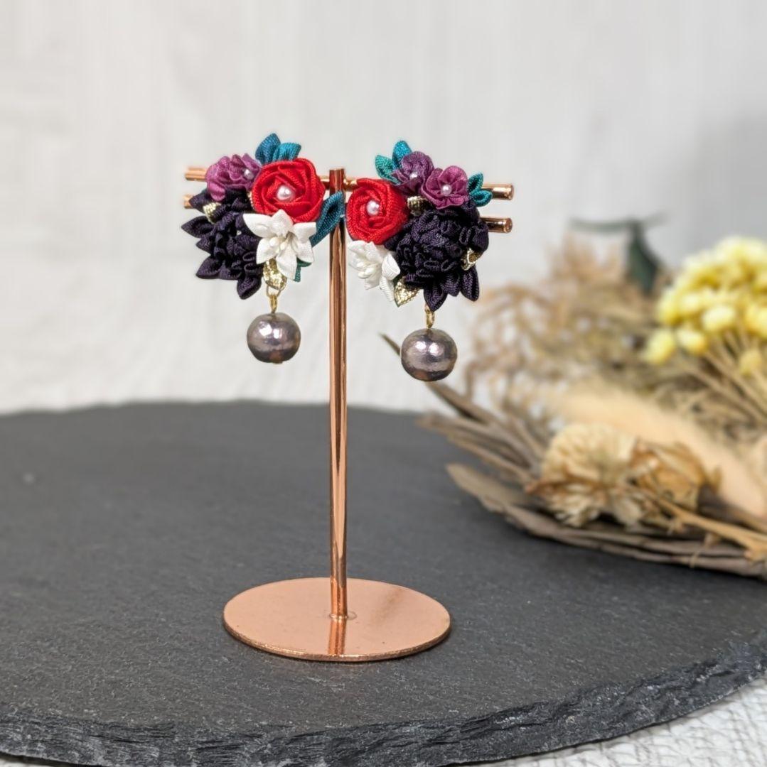 【オーダー】　つまみ細工　ピアス　②ピンク黄丸　半クス　金属アレルギ　 絹