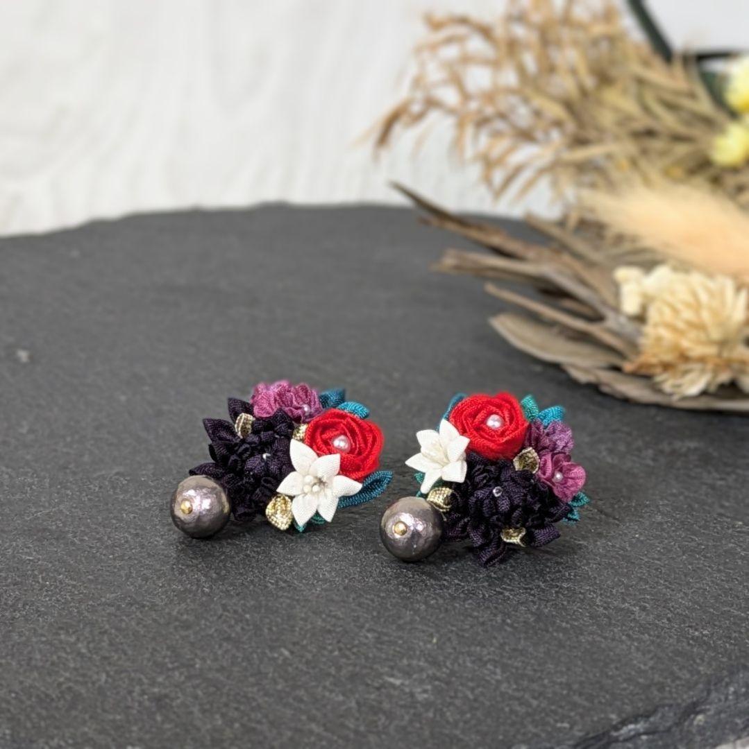 【オーダー】　つまみ細工　ピアス　②ピンク黄丸　半クス　金属アレルギ　 絹