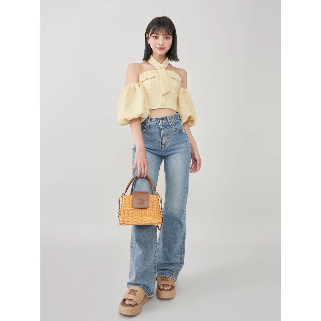 新品タグ付 イエロー ダーリッチ ホルターネックオフショルツイードトップス