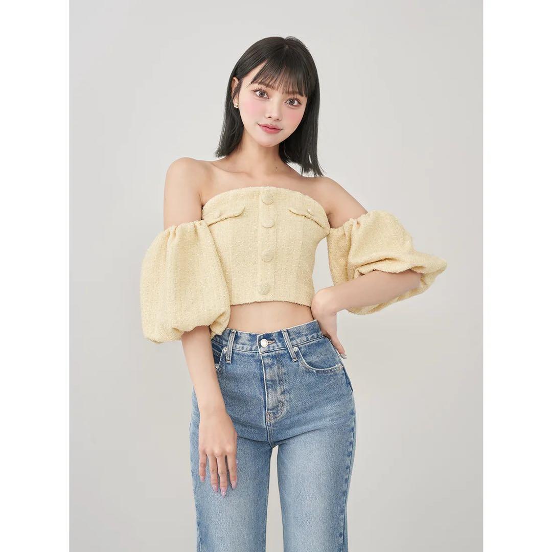 新品タグ付 イエロー ダーリッチ ホルターネックオフショルツイードトップス