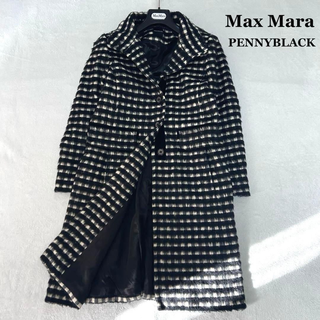 美品✨ペニーブラック　カシミヤ　モヘア　チェック　スタンドカラーシャギーコート