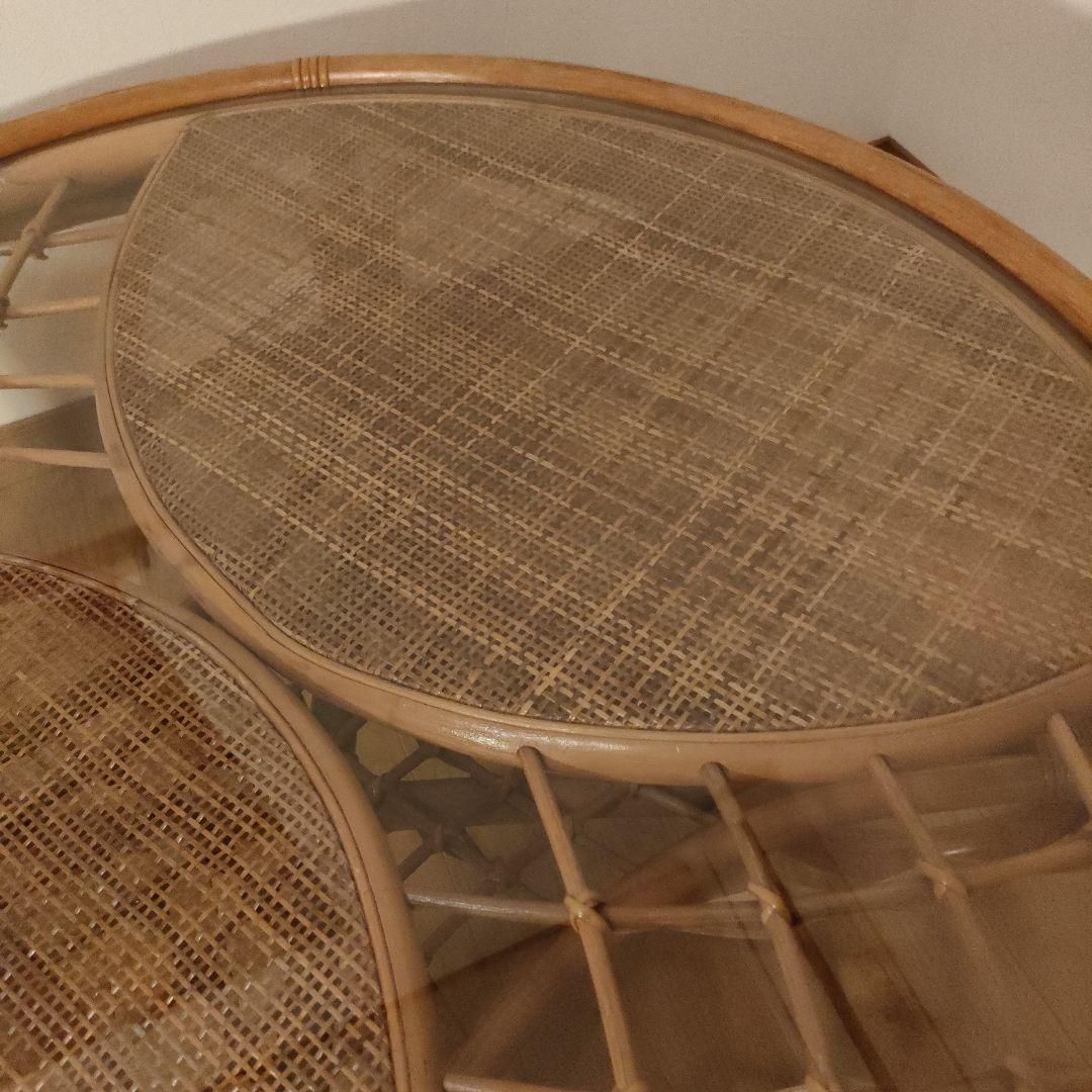 ラタン 藤 ガラス天板 丸テーブル 座卓 レトロ モダン 直径約90cm