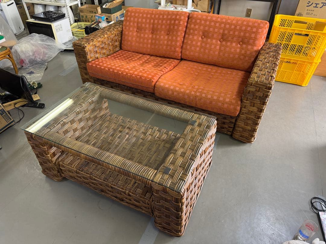 アジアンテイスト　ラタン　籐　ガラステーブル　ソファ　リゾート　おしゃれ