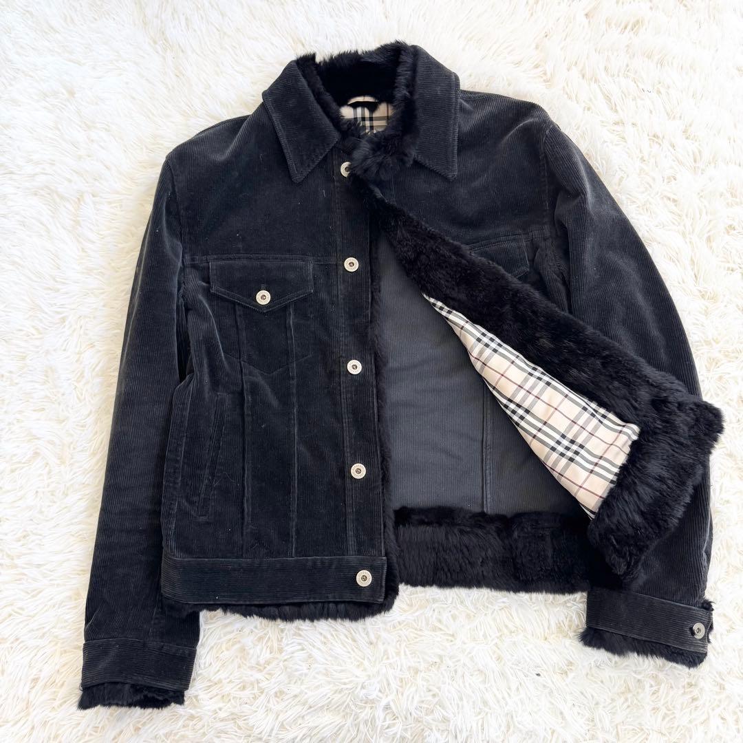 バーバリーブラックレーベル　ラビットファー　コーデュロイジャケット　黒　チェック