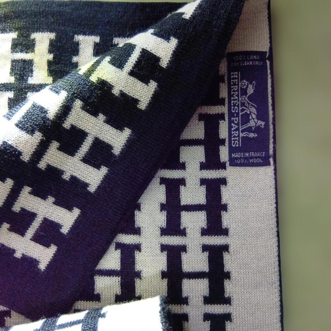エルメス 未使用 リバーシブル　ウール マフラー 廃盤 白黒 Hロゴ柄
