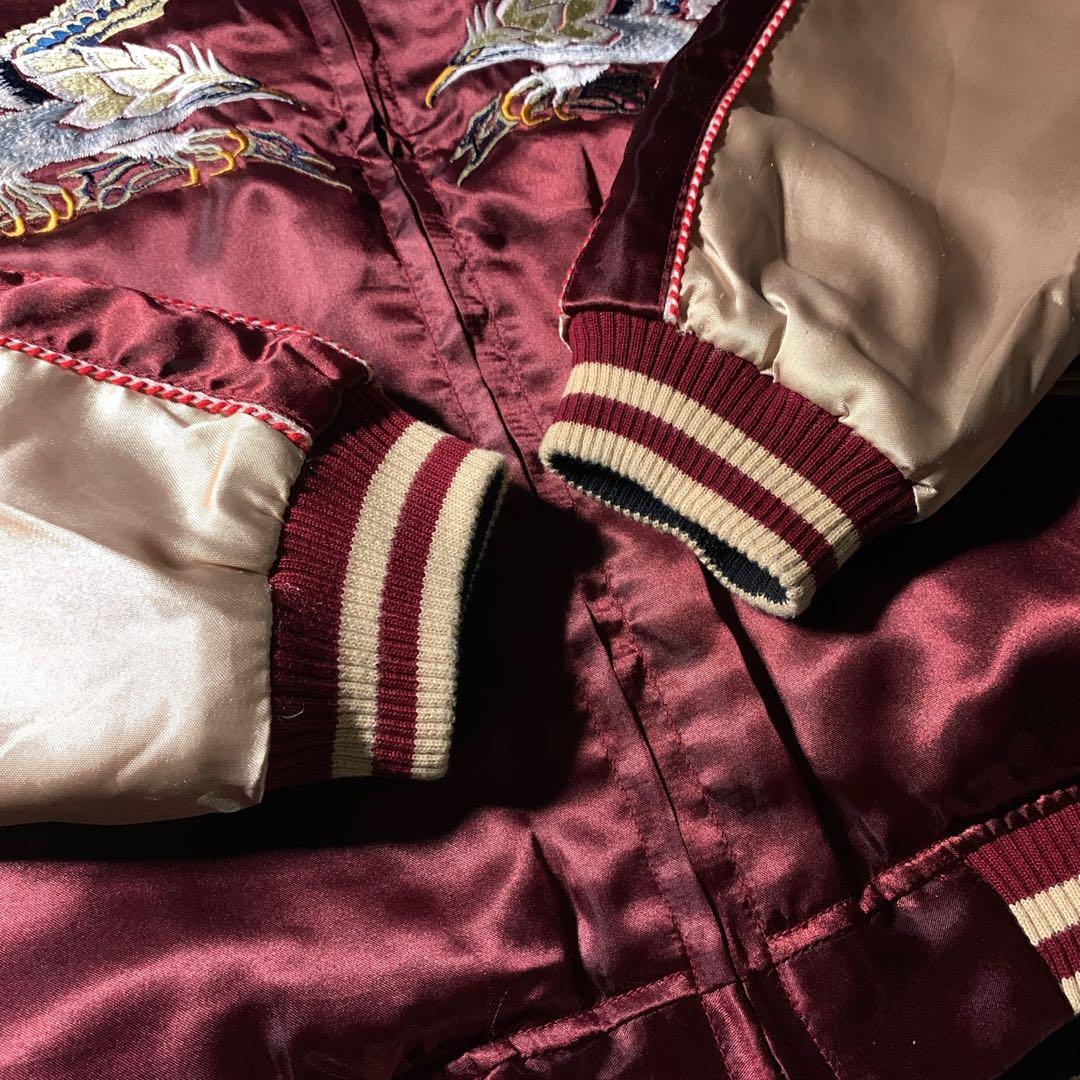 古着 リバーシブル スカジャン 鷹 龍 虎 和柄 両面刺繍 黒 えんじ色