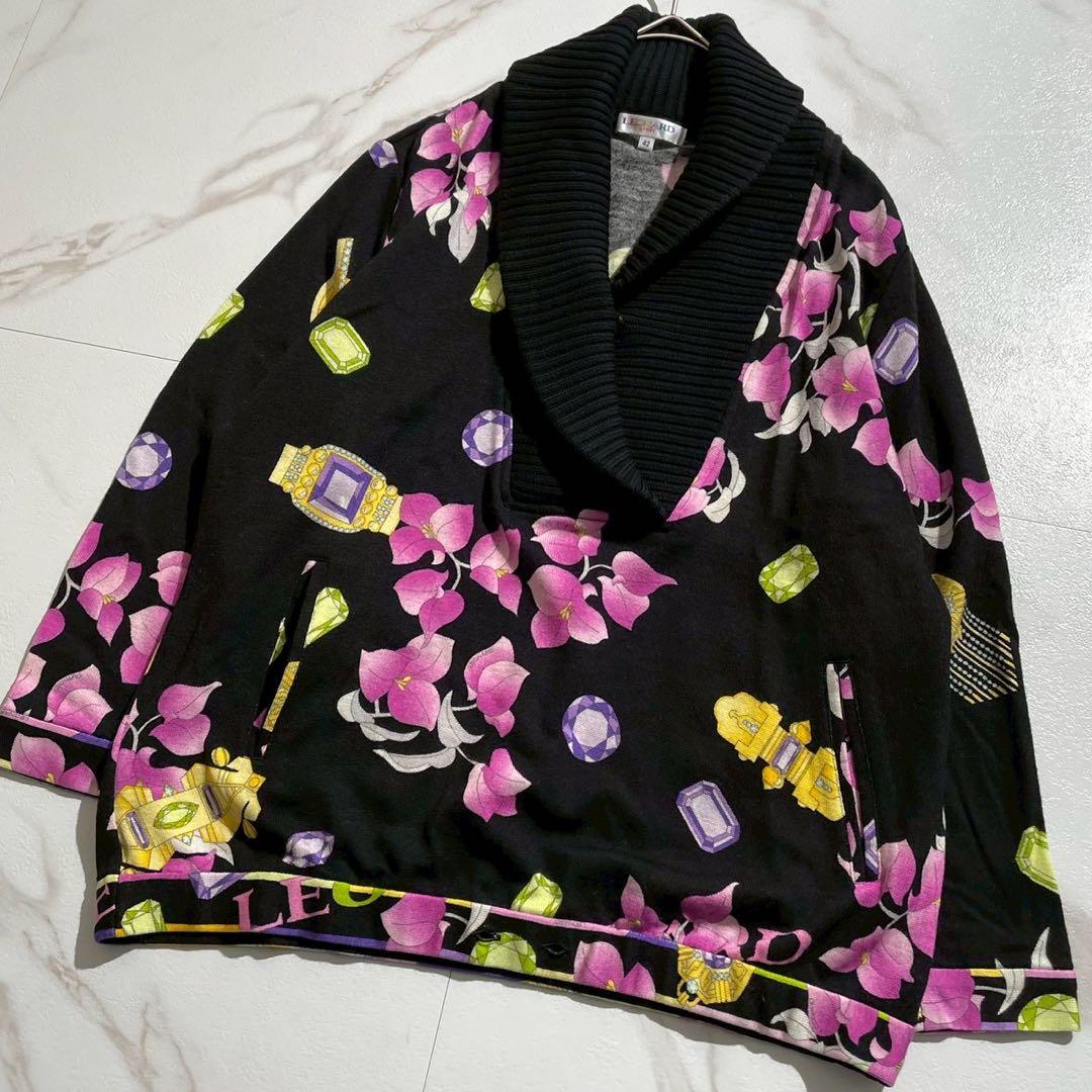 極美品✨レオナールスポーツ ショールカラーニット ウール100 花柄 宝石 42