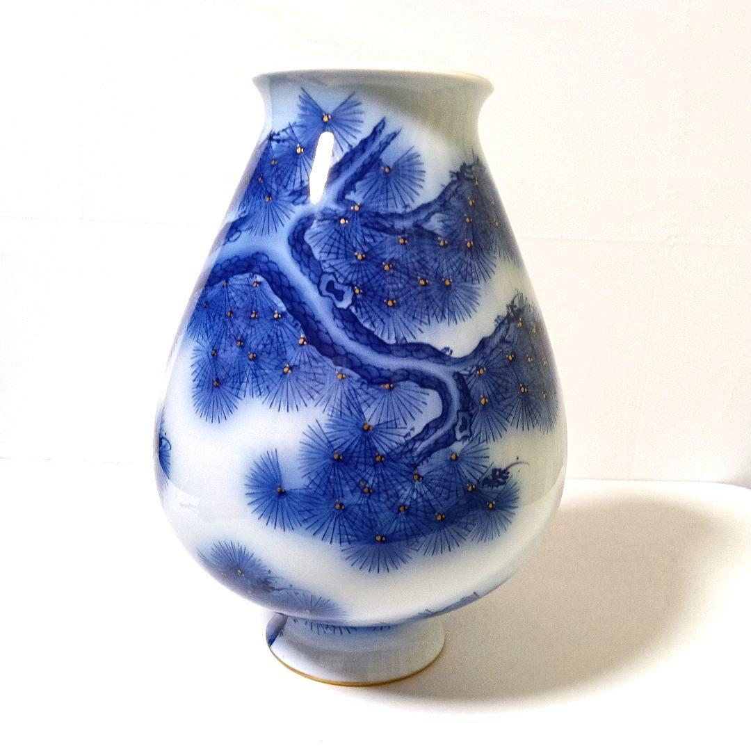 美品 香蘭社 磁藝工房謹製 染付金彩 壺松染錦模老松文 大型花瓶