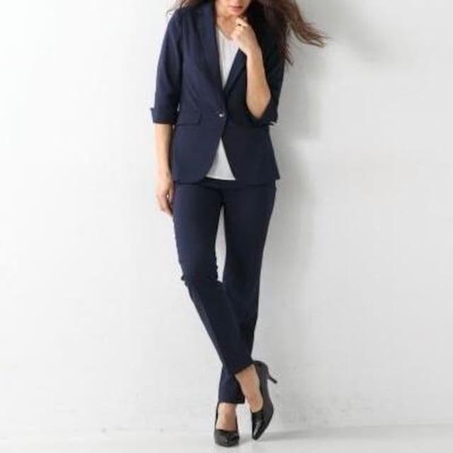 新品☆13号L紺系ストライプ♪うす手9分丈パンツスーツ♪お仕事・通勤☆b408