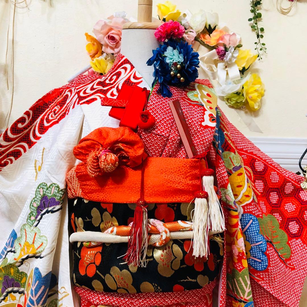 七五三七歳❣️豪華絞り柄アシメトリ花金彩⭐︎正絹全通袋帯刺繍煌びやか⭐︎完全フルセット