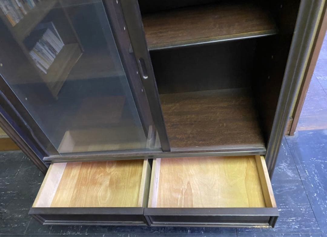 手渡し限定 昭和レトロ ガラス戸付 高級 本棚 収納棚 飾り棚 無垢 木製