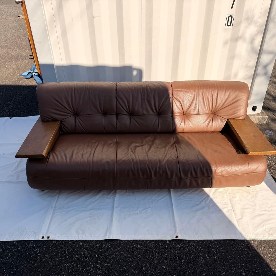 カリモク オールド　レザー 3Pソファ 本革 ブラウン系　 レトロ