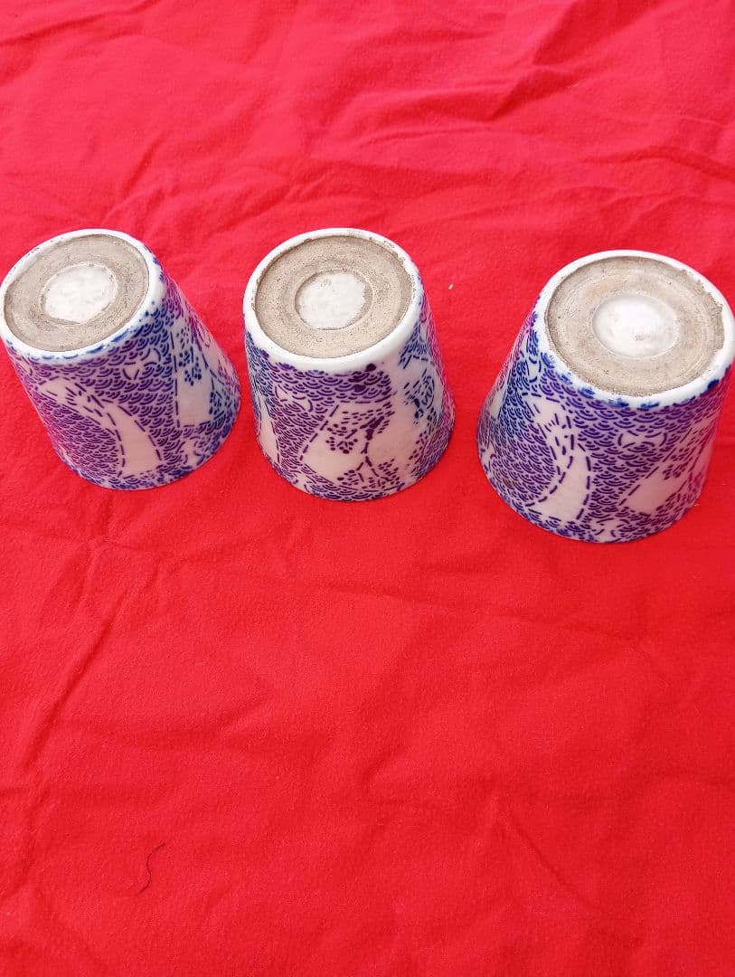 蕎麦猪口 長沼焼　3個　江戸　幕末　明治　印判　型紙刷　染め型紙　兎