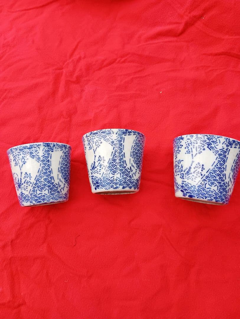 蕎麦猪口 長沼焼　3個　江戸　幕末　明治　印判　型紙刷　染め型紙　兎