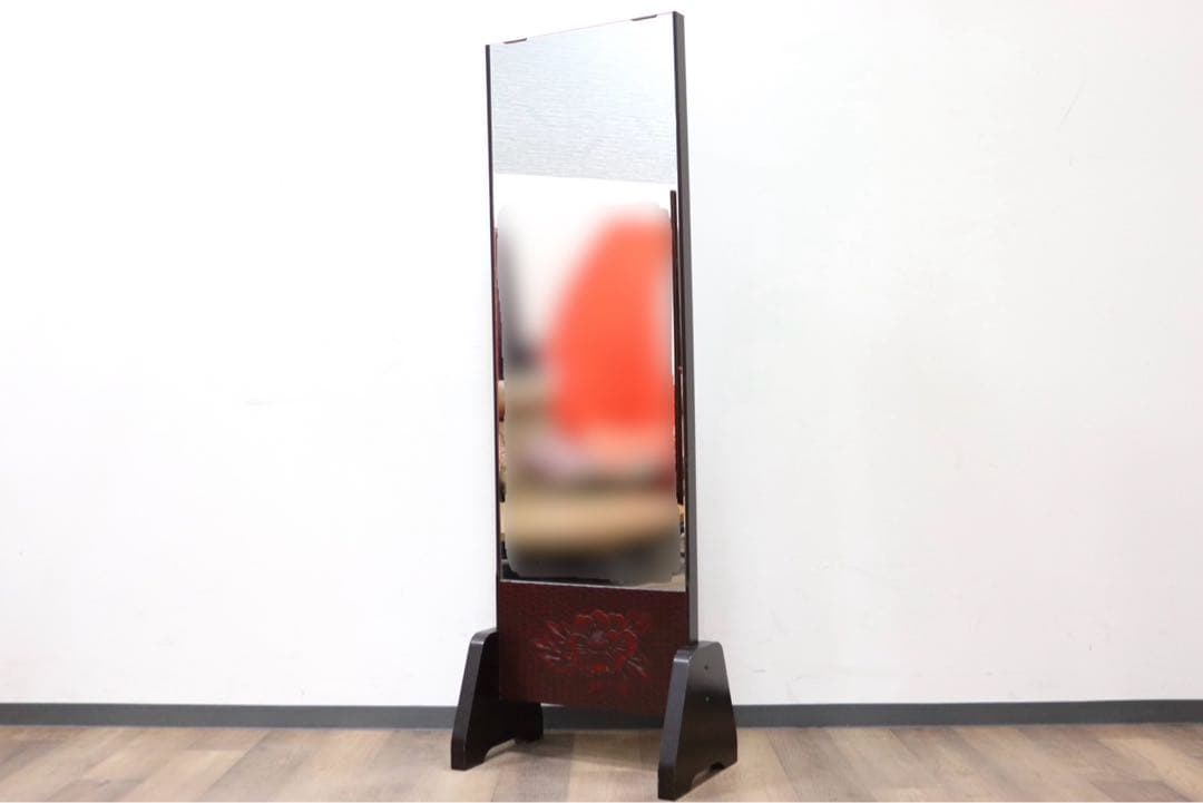 GMGF106○鎌倉彫 スタンドミラー 鏡 姿見 全身鏡 木製 彫刻 漆塗り 着