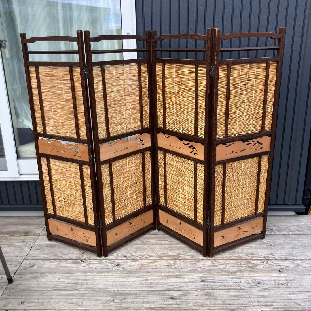 昭和レトロ 和モダン 装飾彫り 木製 4連パーテーション 間仕切り 衝立 屏風