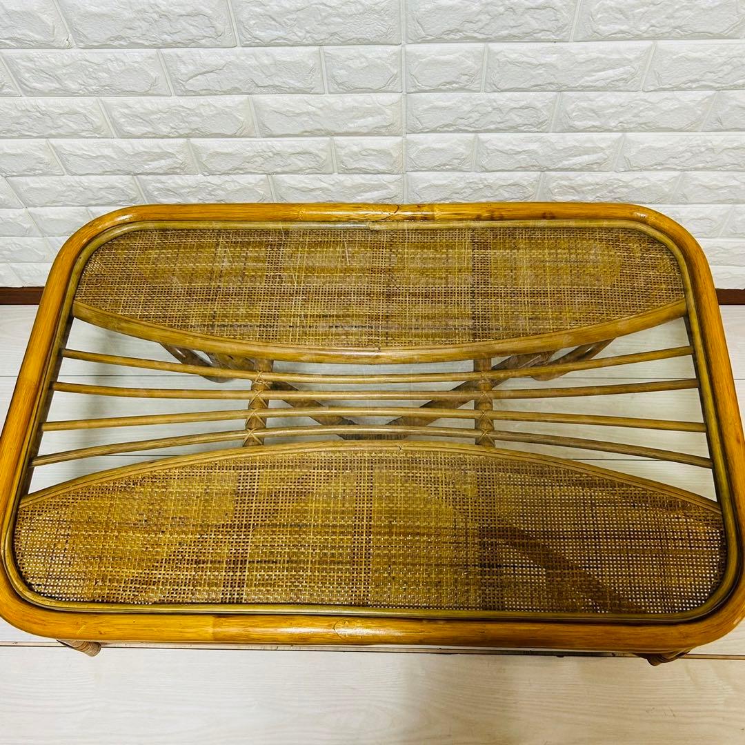 【美品】昭和レトロ ラタン ガラス天板 センターテーブル ローテーブル