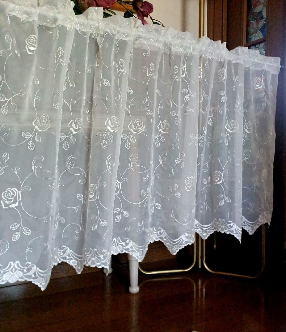 カフェカーテン【バラ刺繍トルコレース　スカラップ】ハンドメイド