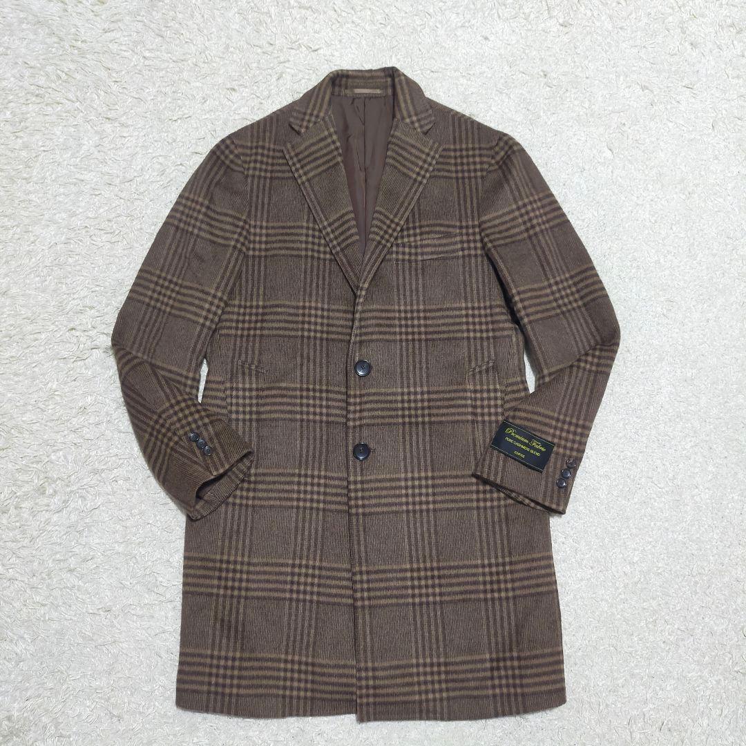 【未使用品】エディフィス・チェスターコート・カシミヤ・ブラウンチェック・タグ付M