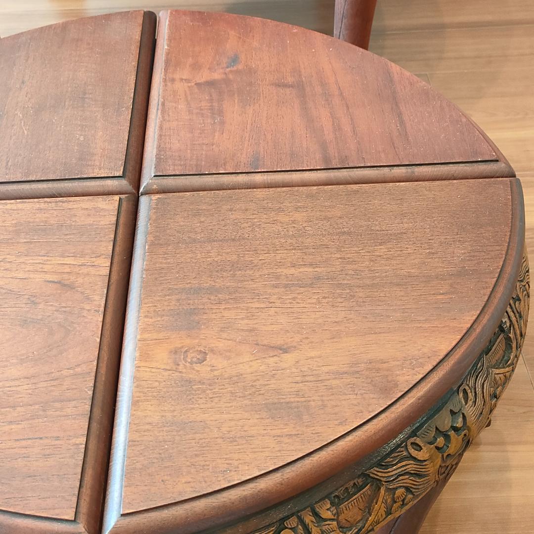 〈美品〉香港製　テーブル　スツールセット　木彫り円卓　猫脚　ガラス天板付き