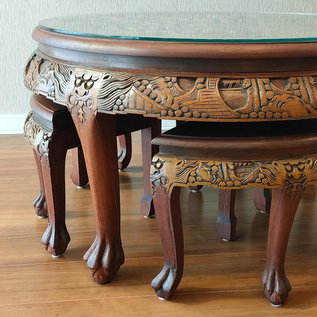 〈美品〉香港製　テーブル　スツールセット　木彫り円卓　猫脚　ガラス天板付き