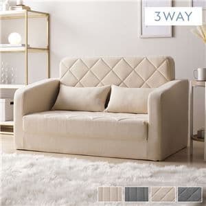 3WAY ソファベッド 2人掛け アイボリー ダイヤキルト 肘付き 高反発