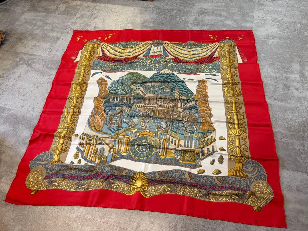 【希少】エルメス HERMES スカーフ カレ90 アトランティス大陸　白黒タグ