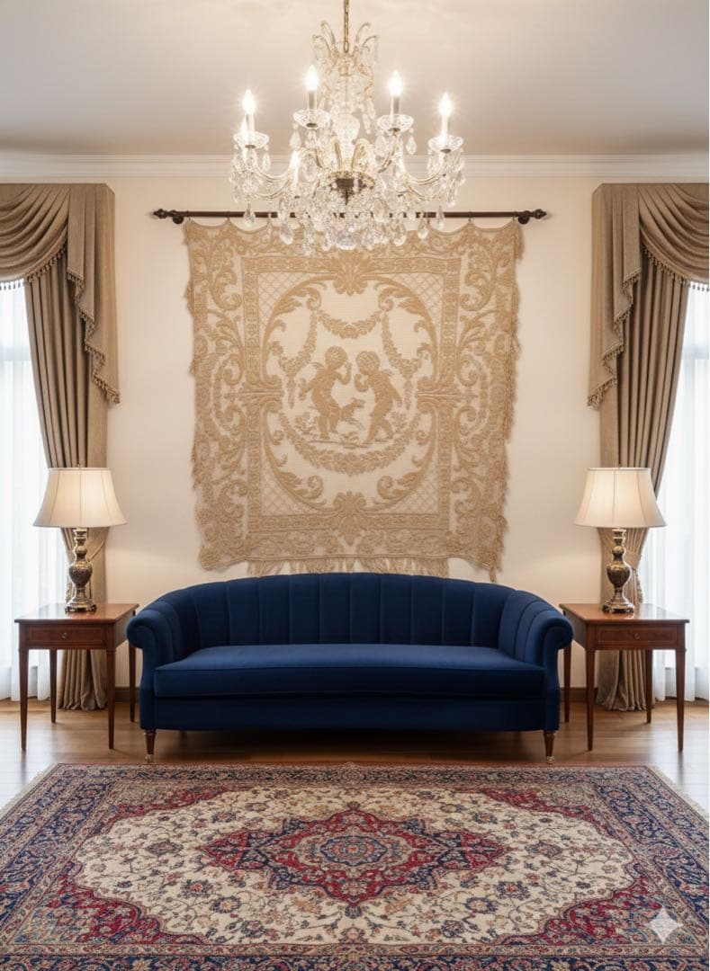 レースタペストリー 天使と動物のデザイン レア　フランスレース　アンティーク