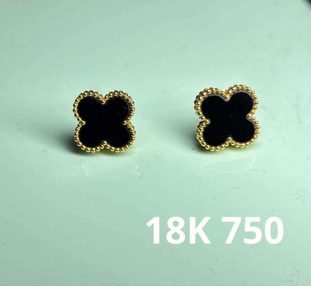 ピアス　四つ葉クローバーk18 オニキス18金　刻印有