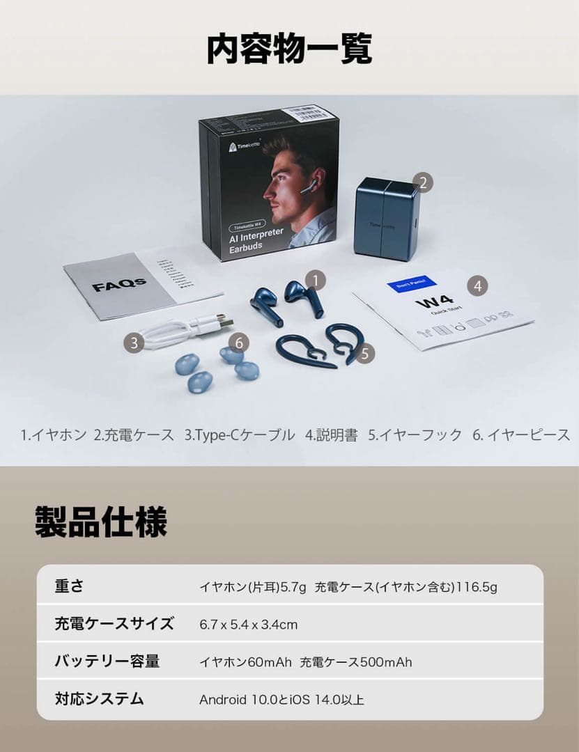 timekettle AI自動翻訳イヤフォン　骨伝導　ミッドナイトブルー