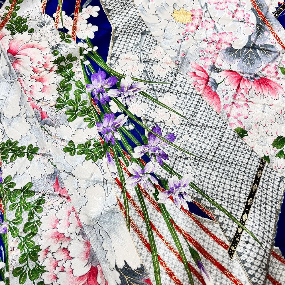 千總 振袖 正絹 青 友禅染 綸子 ちりめん 中古 花 №ymk0085