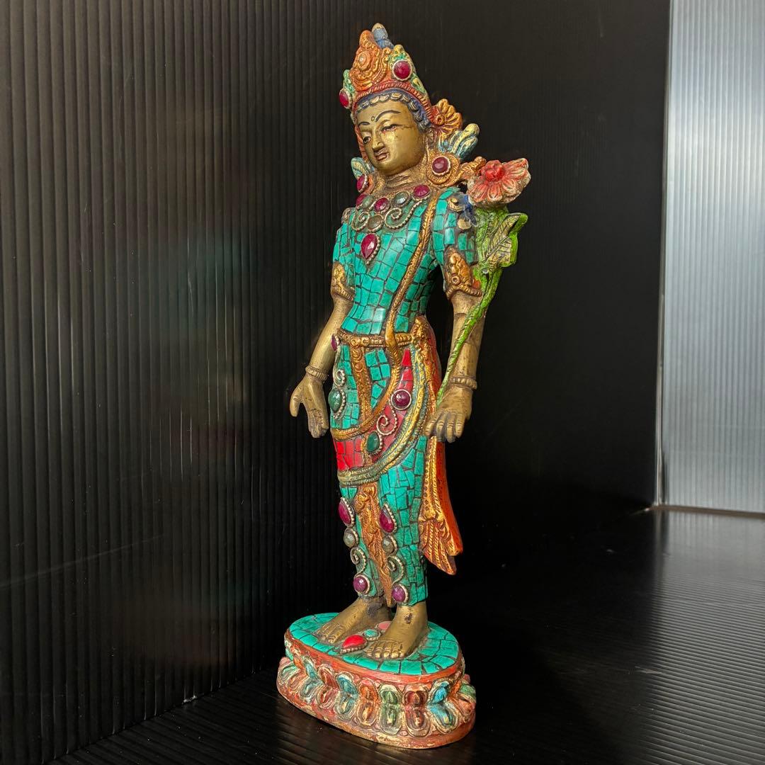 チベット 仏教 仏像 観音菩薩 ターコイズ象嵌 ブロンズ1.9kg 29cm