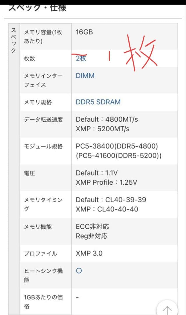 Kingston FURY BEAST DDR5 16GB 1枚 メモ